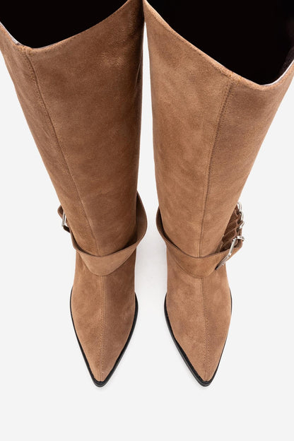 HELIOS - Bota Vaquera de Rodilla con Tacón Bloque de Piel Genuina Color Topo (Mujer)