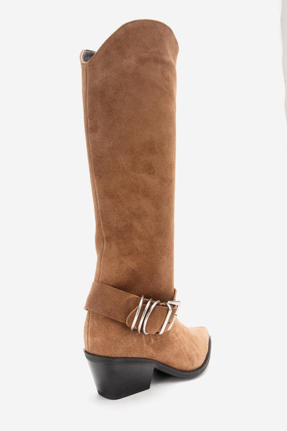 HELIOS - Bota Vaquera de Rodilla con Tacón Bloque de Piel Genuina Color Topo (Mujer)