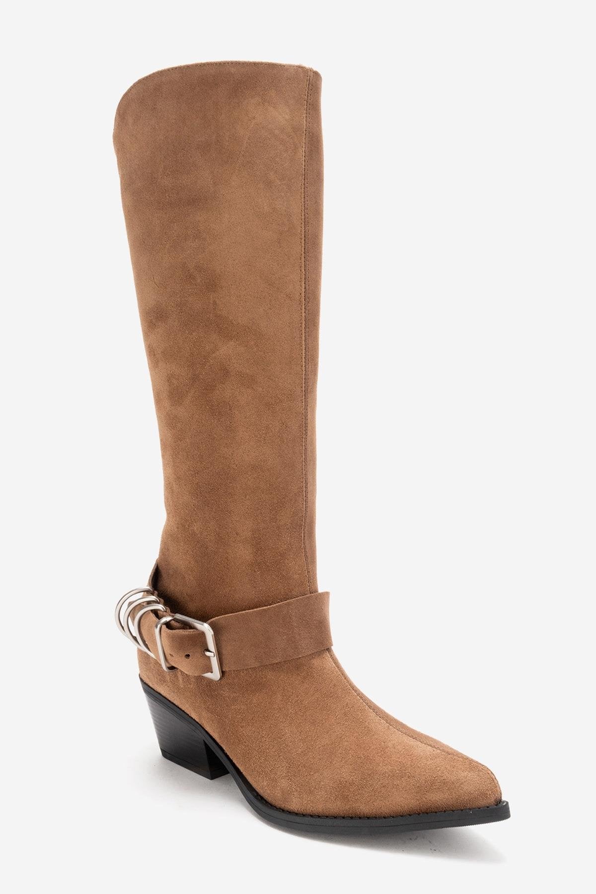 HELIOS - Bota Vaquera de Rodilla con Tacón Bloque de Piel Genuina Color Topo (Mujer)