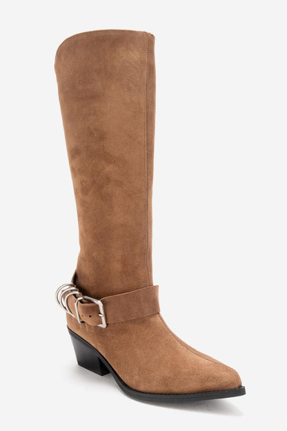 HELIOS - Bota Vaquera de Rodilla con Tacón Bloque de Piel Genuina Color Topo (Mujer)