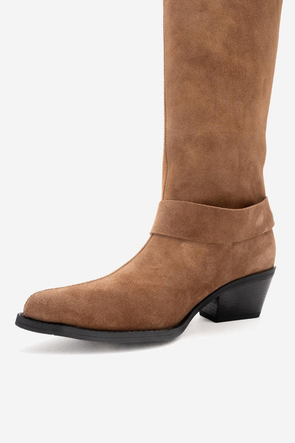HELIOS - Bota Vaquera de Rodilla con Tacón Bloque de Piel Genuina Color Topo (Mujer)