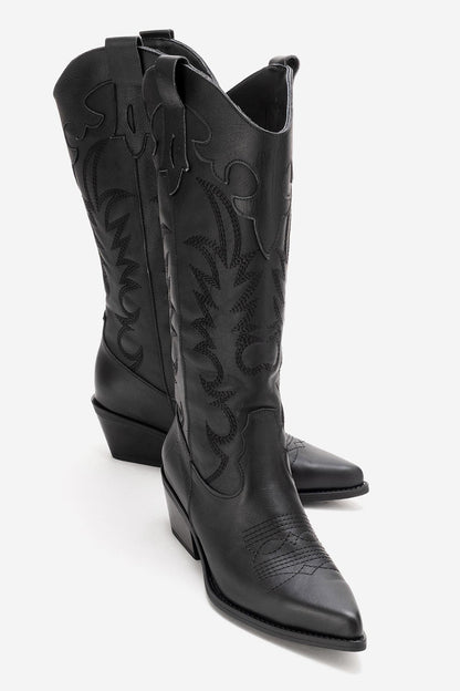 MATIAS - Bota western bordada con tacón de bloque de cuero auténtico negro (Mujer)