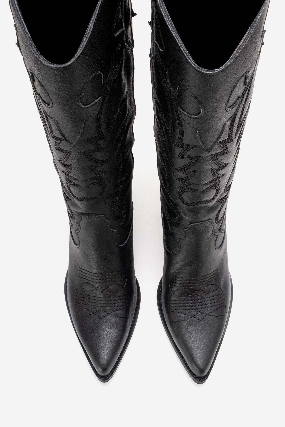 MATIAS - Bota western bordada con tacón de bloque de cuero auténtico negro (Mujer)