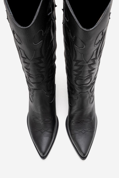 MATIAS - Bota western bordada con tacón de bloque de cuero auténtico negro (Mujer)