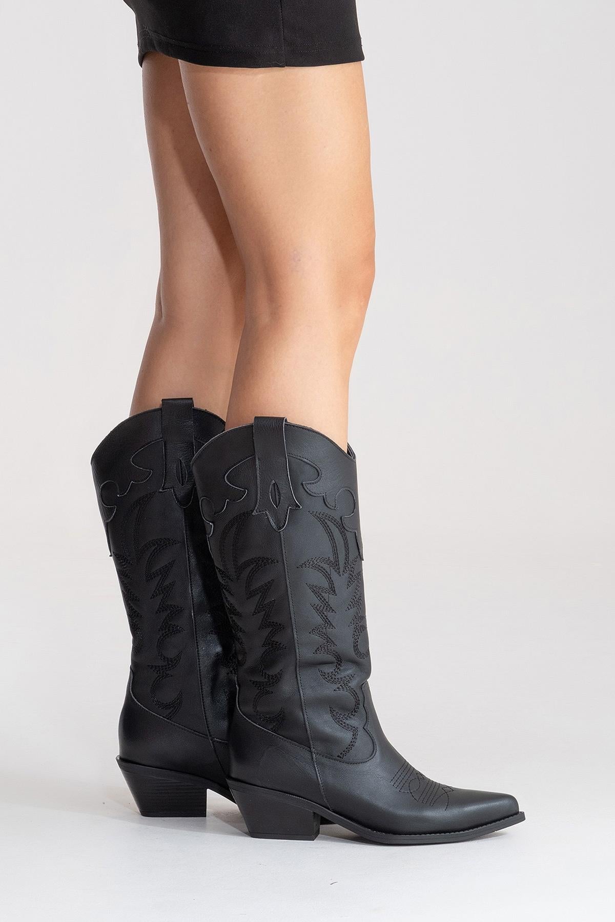 MATIAS - Bota western bordada con tacón de bloque de cuero auténtico negro (Mujer)