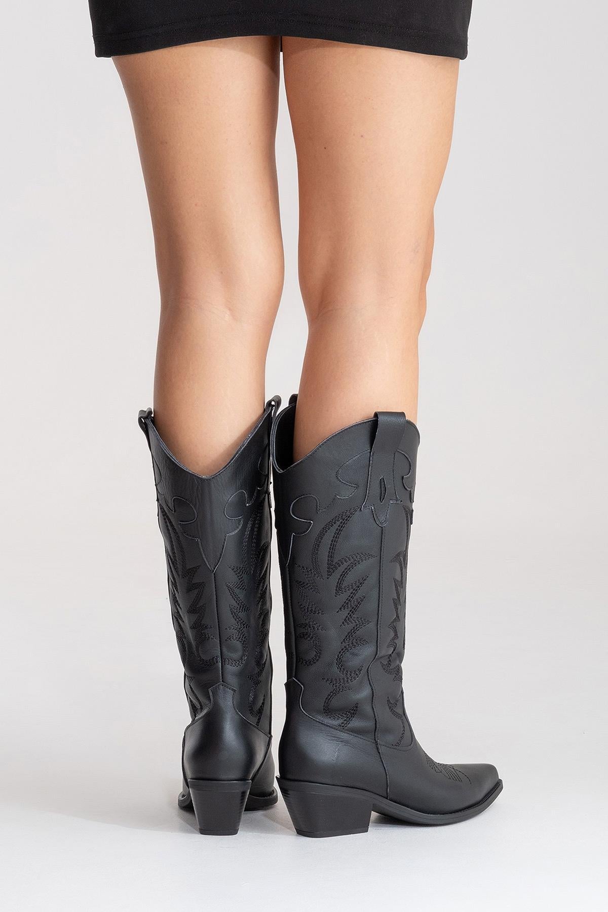 MATIAS - Bota western bordada con tacón de bloque de cuero auténtico negro (Mujer)