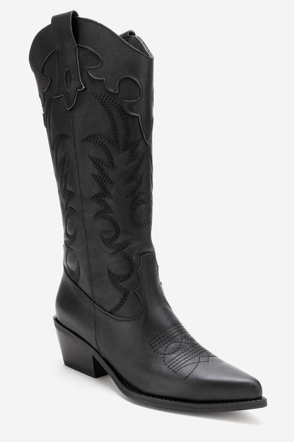 MATIAS - Bota western bordada con tacón de bloque de cuero auténtico negro (Mujer)