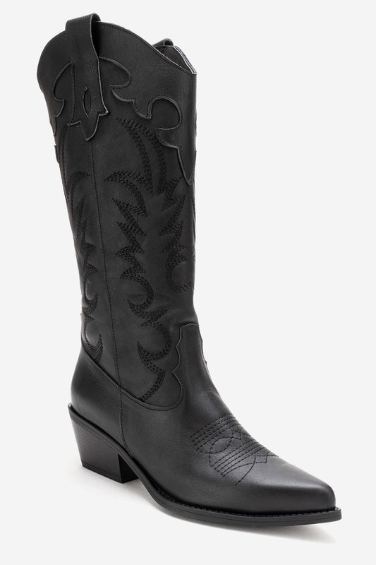 MATIAS - Black Genuine Leather Block Heel Embroidered Western Boot (Women)