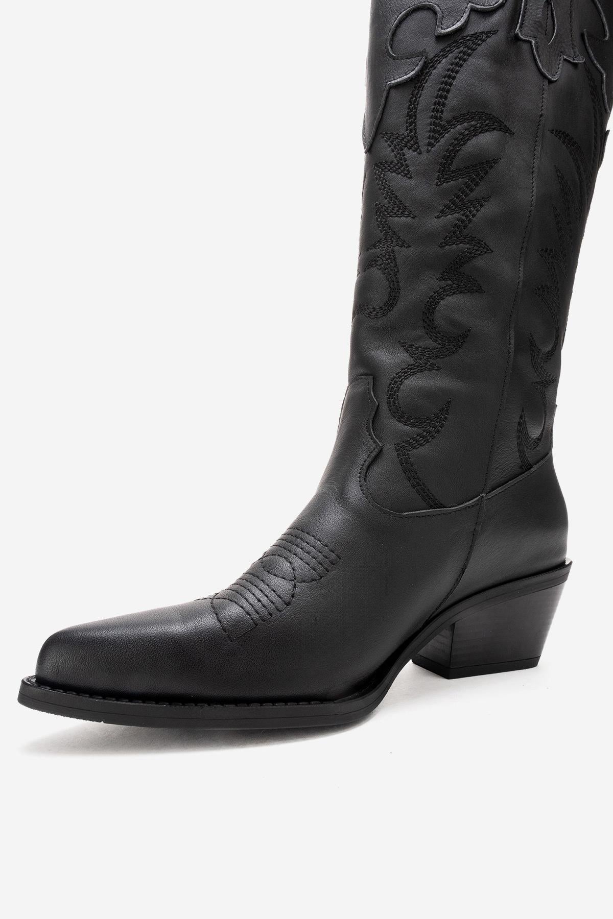 MATIAS - Bota western bordada con tacón de bloque de cuero auténtico negro (Mujer)