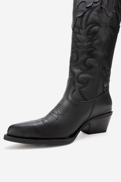 MATIAS - Bota western bordada con tacón de bloque de cuero auténtico negro (Mujer)