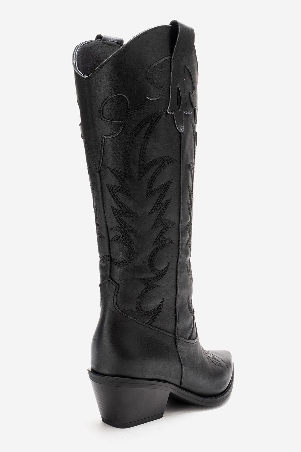 MATIAS - Bota western bordada con tacón de bloque de cuero auténtico negro (Mujer)