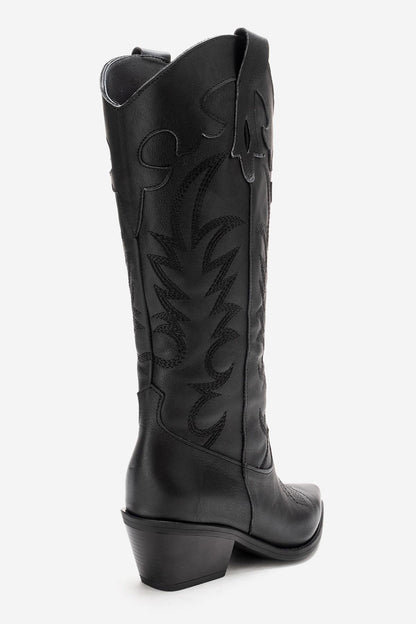 MATIAS - Bota western bordada con tacón de bloque de cuero auténtico negro (Mujer)
