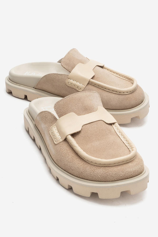 VELA - Mule de tacón bajo de piel de ante auténtica color beige (Mujer)
