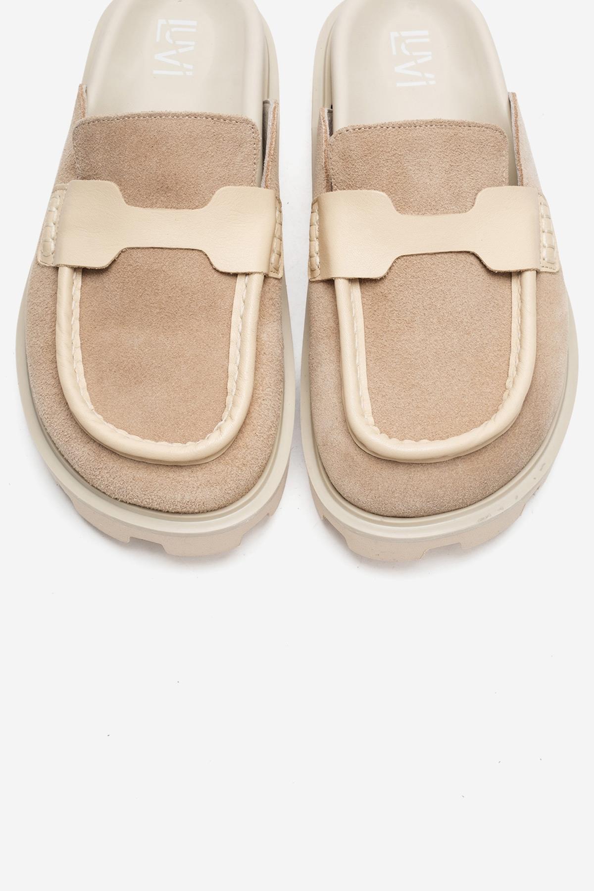 VELA - Beige Genuine Suede Leather Low Heel Mule (Women)