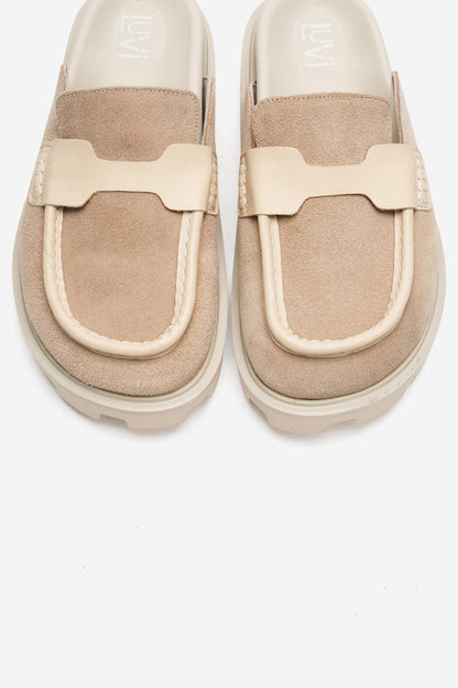 VELA - Beige Genuine Suede Leather Low Heel Mule (Women)