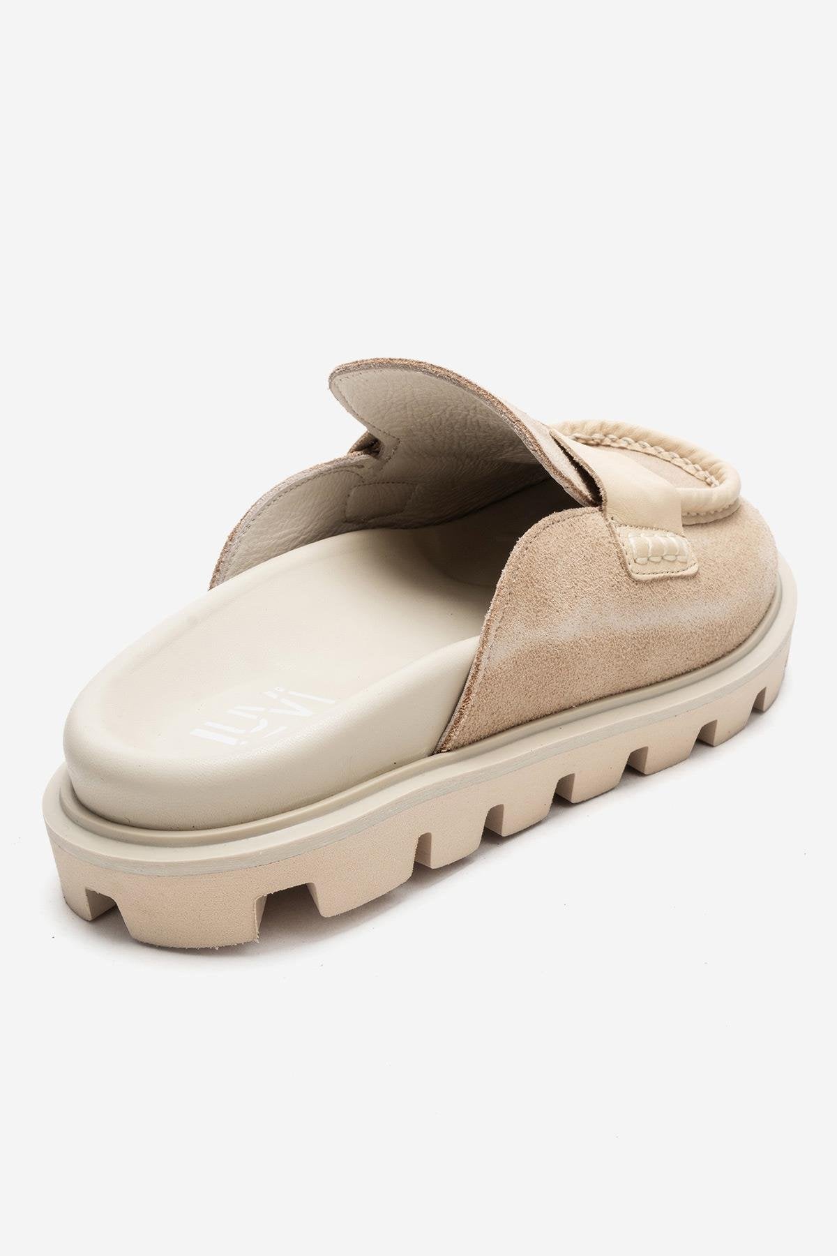 VELA - Beige Genuine Suede Leather Low Heel Mule (Women)
