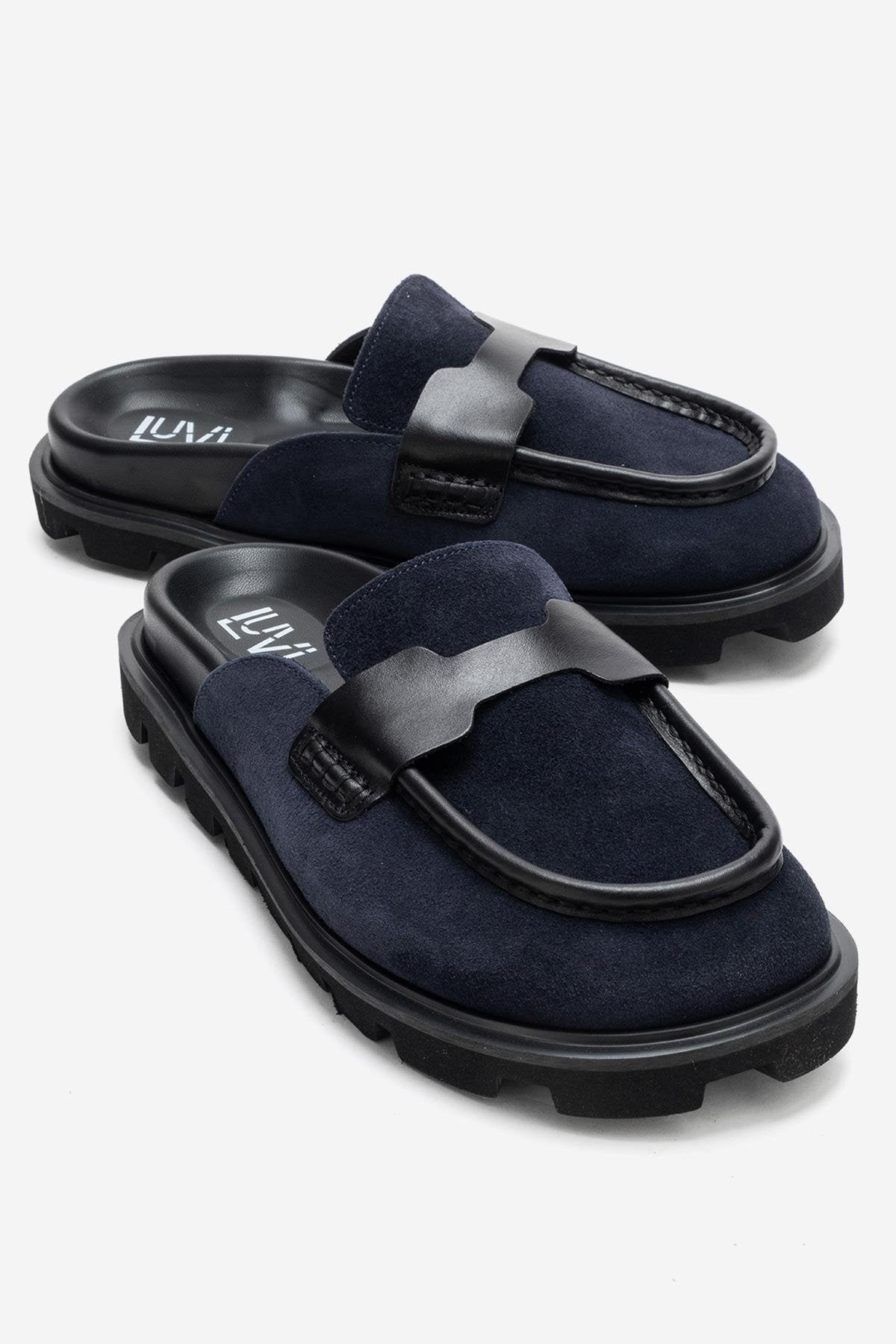 VELA - Mule de tacón bajo de piel de ante genuina azul marino (mujer)
