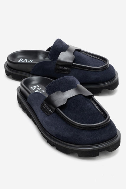 VELA - Mule de tacón bajo de piel de ante genuina azul marino (mujer)