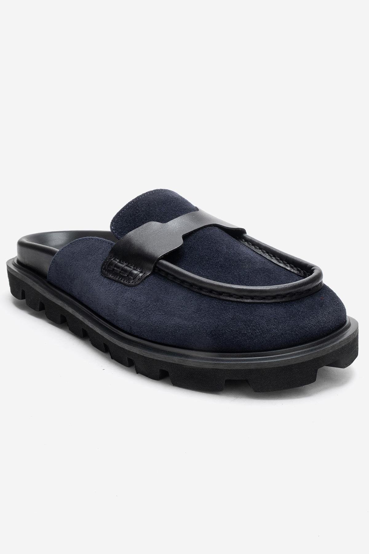 VELA - Mule de tacón bajo de piel de ante genuina azul marino (mujer)