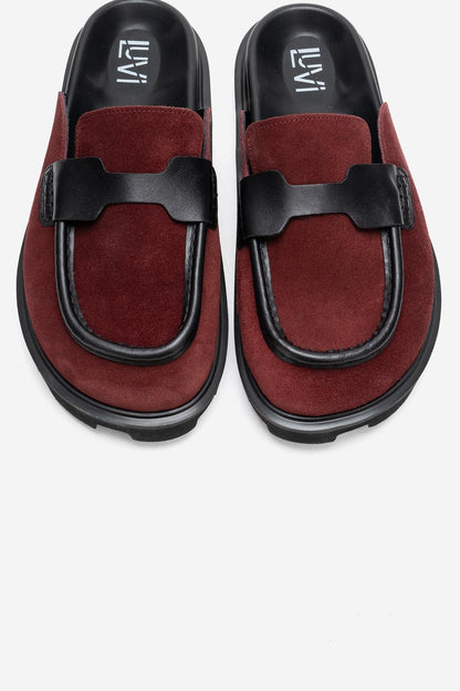 VELA - Mules de tacón bajo de ante genuino color borgoña (Mujer)
