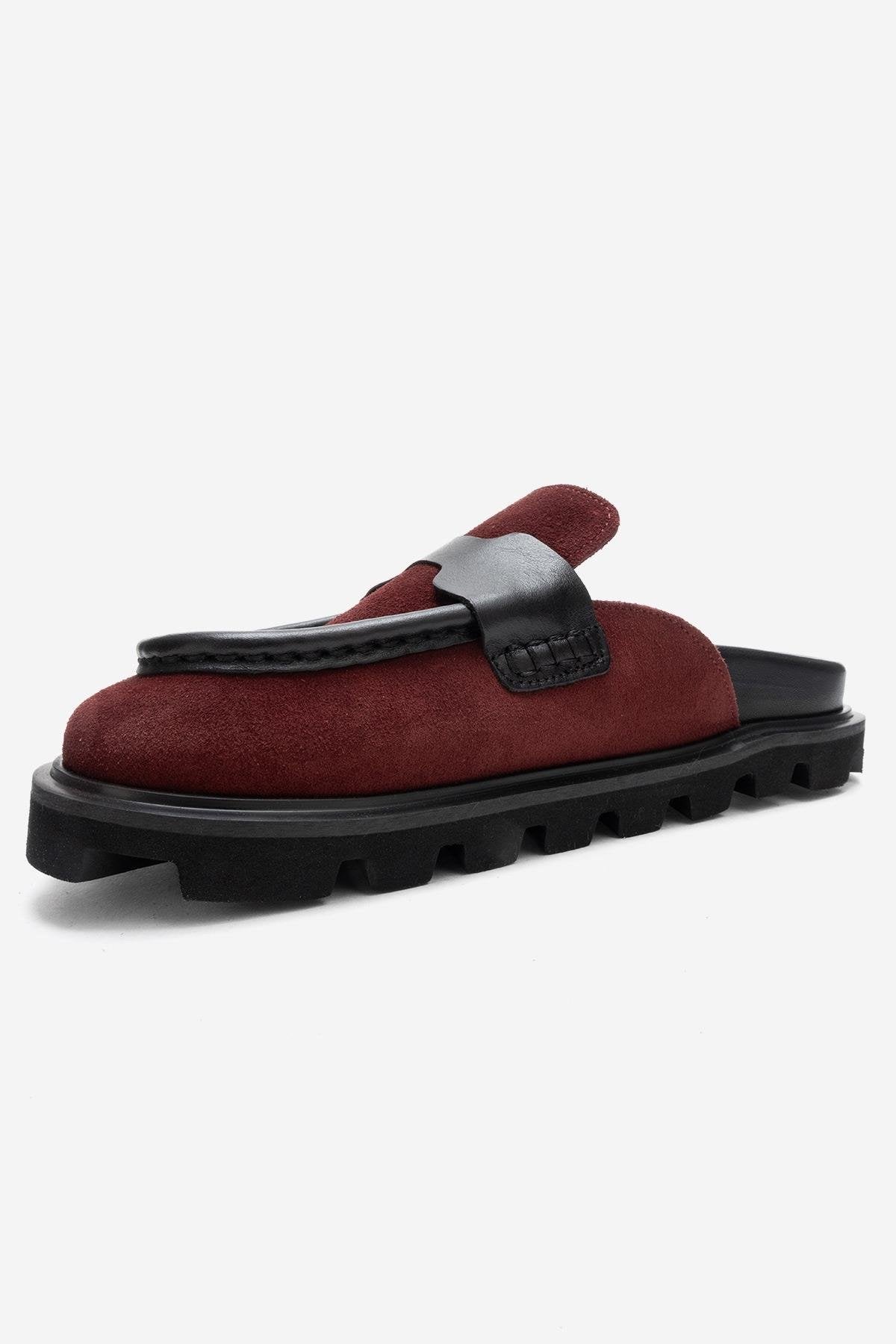 VELA - Mules de tacón bajo de ante genuino color borgoña (Mujer)