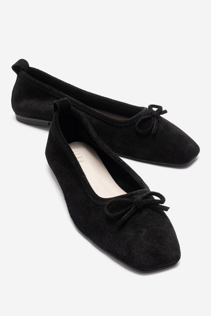 Sosa - Black Suede Genuine Leather Bow Ballet Flat (Women)