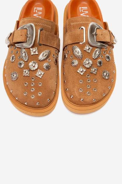 Maril - Cognac Suede Leather Buckle Slide (Women)