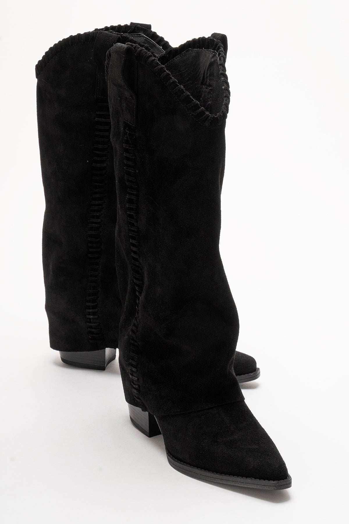 VELIN - Black Suede Genuine Leather Block Heel Western Boot (Women)