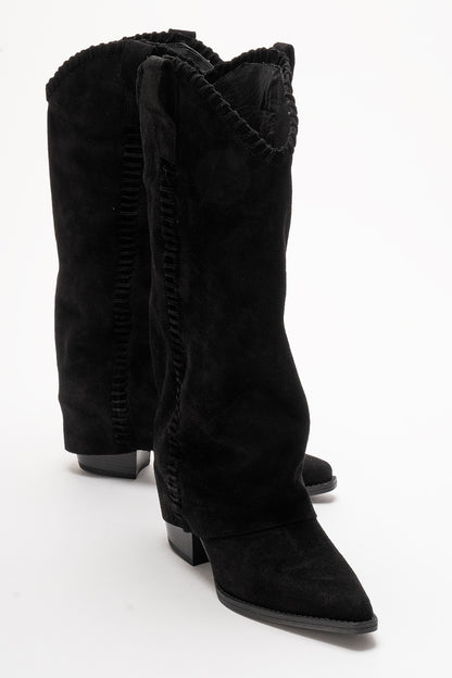 VELIN - Black Suede Genuine Leather Block Heel Western Boot (Women)