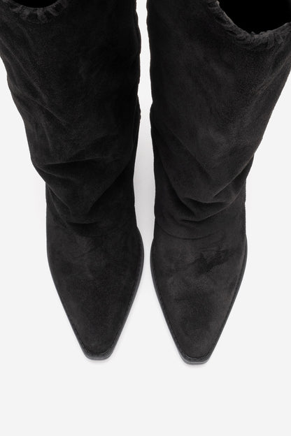 VELIN - Black Suede Genuine Leather Block Heel Western Boot (Women)
