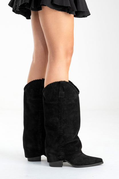 VELIN - Black Suede Genuine Leather Block Heel Western Boot (Women)
