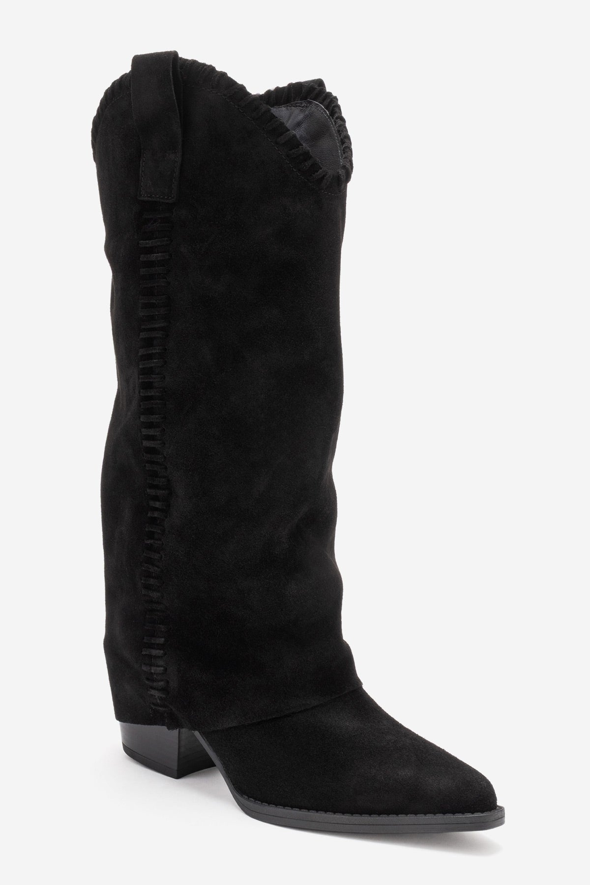VELIN - Black Suede Genuine Leather Block Heel Western Boot (Women)