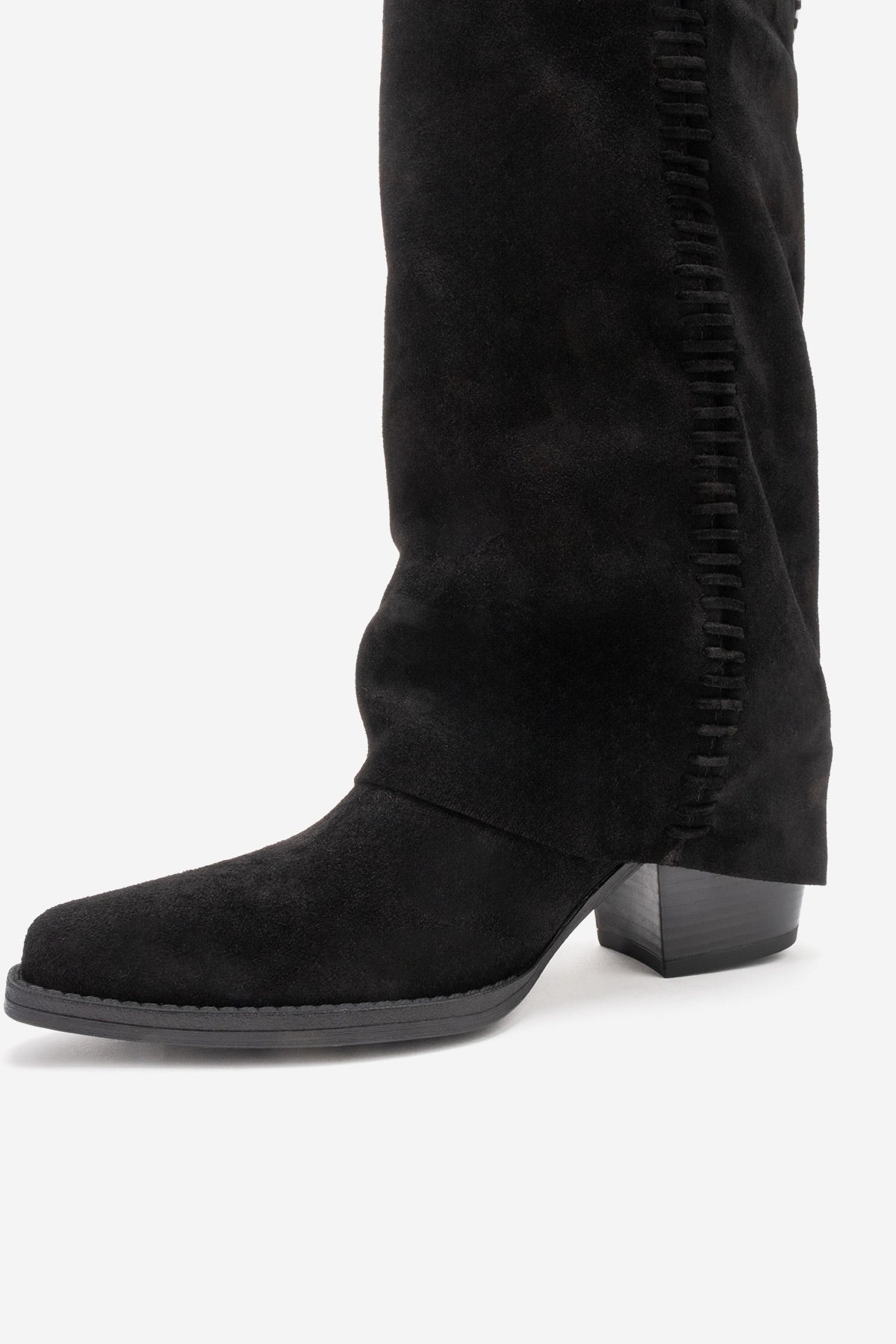 VELIN - Black Suede Genuine Leather Block Heel Western Boot (Women)