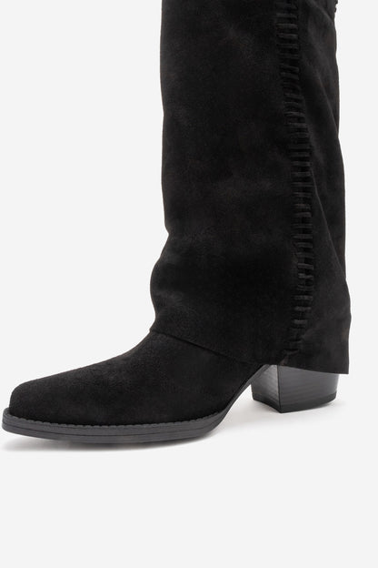 VELIN - Black Suede Genuine Leather Block Heel Western Boot (Women)