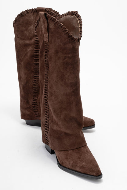 VELIN - Brown Suede Genuine Leather Block Heel Western Boot (Women)
