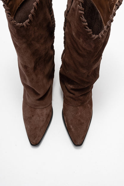 VELIN - Brown Suede Genuine Leather Block Heel Western Boot (Women)