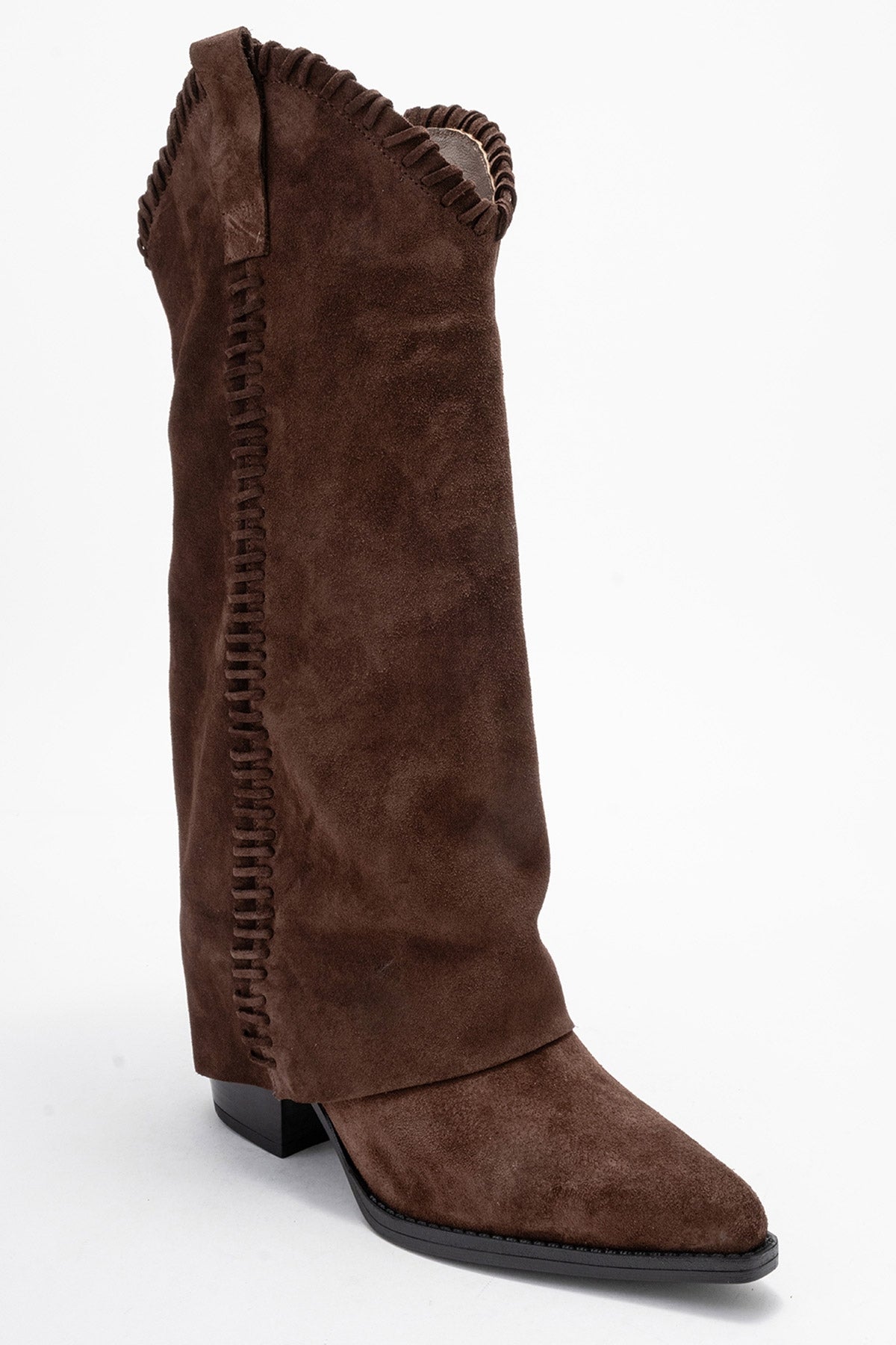 VELIN - Brown Suede Genuine Leather Block Heel Western Boot (Women)
