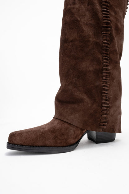 VELIN - Brown Suede Genuine Leather Block Heel Western Boot (Women)
