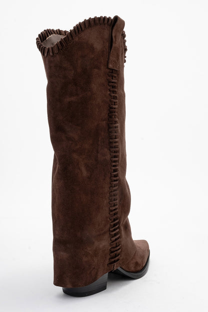 VELIN - Brown Suede Genuine Leather Block Heel Western Boot (Women)