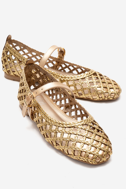DOUX - Bailarinas planas con detalle de tiras trenzadas doradas (mujer)