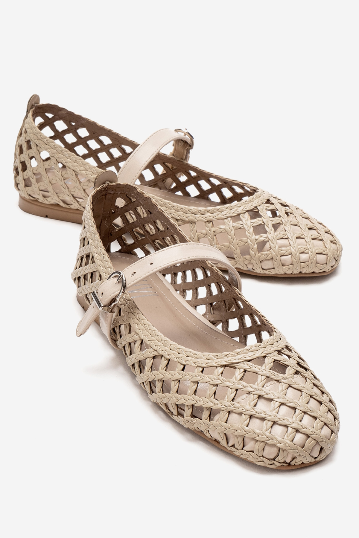 DOUX - Bailarinas planas de piel genuina trenzada texturizada de color beige (Mujer)