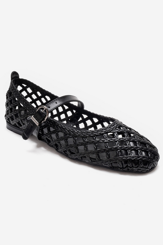 DOUX - Black Genuine Leather Braided Textured Band Ballet Flat (Women)