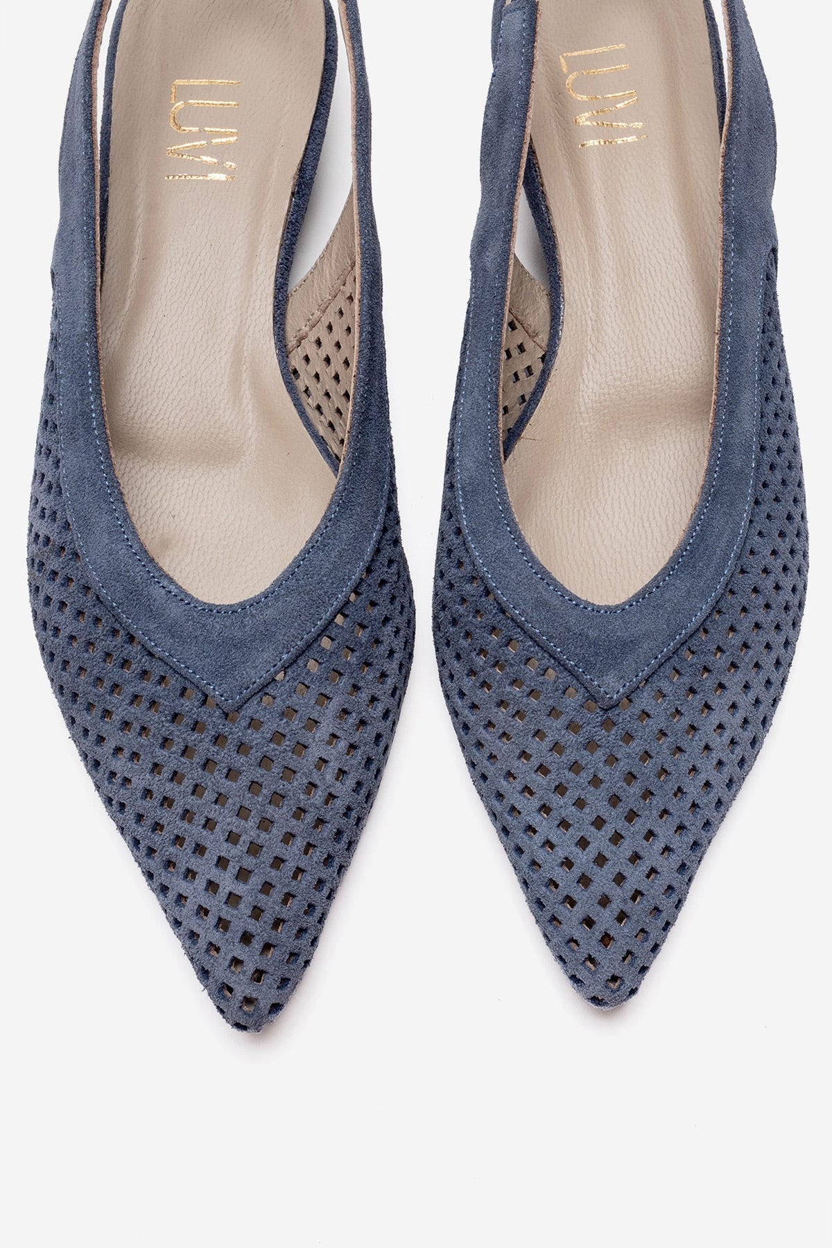 LIEVE - Zapato de tacón bajo de piel genuina azul denim (Mujer)