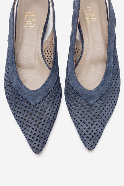 LIEVE - Zapato de tacón bajo de piel genuina azul denim (Mujer)