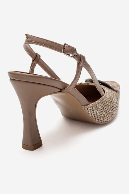 Levia - Taupe Woven-Textured Accessory-Detail Stiletto Heel Pump (Women)
