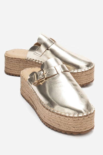 Novas - Gold Leather Platform Espadrille Mule (Women)