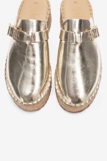 Novas - Gold Leather Platform Espadrille Mule (Women)
