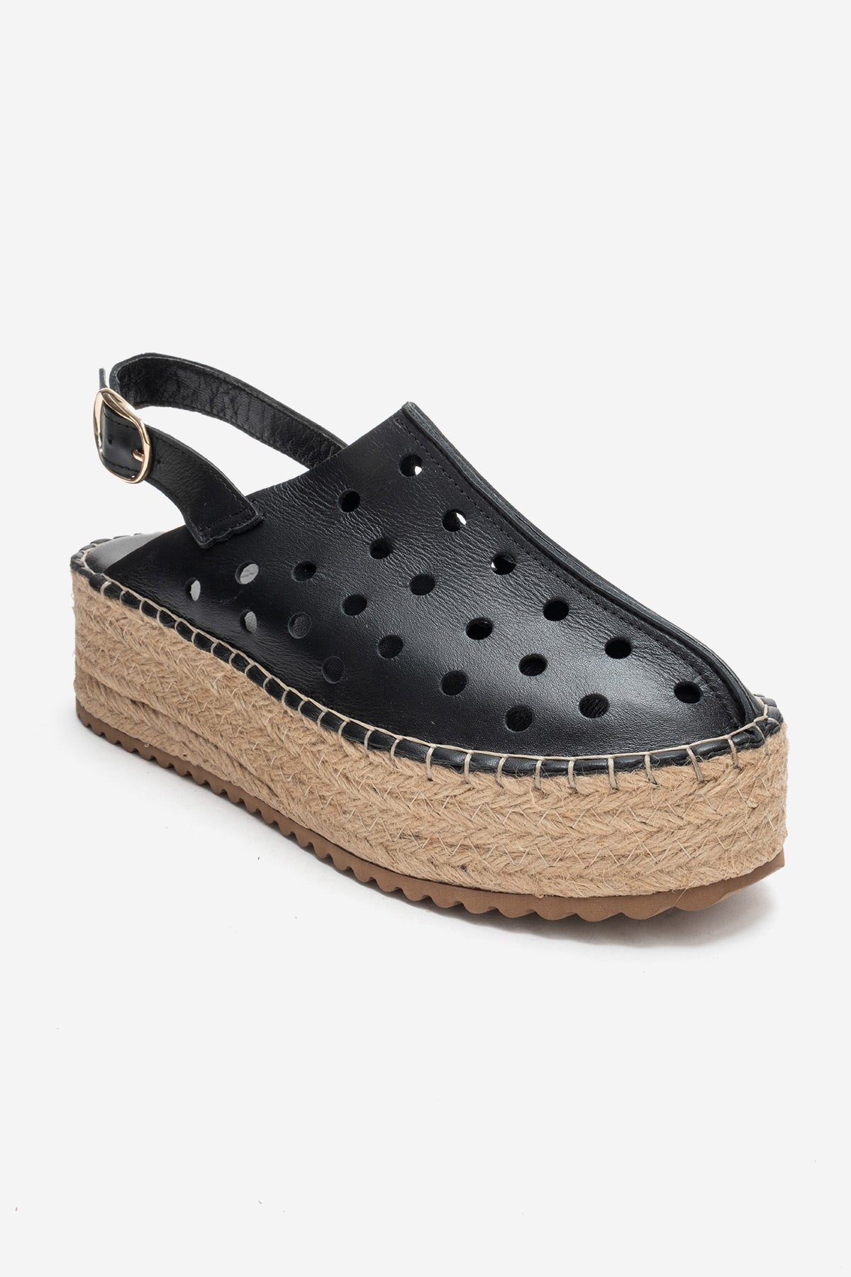 Fraga - Sandalia de cuña de cuero negro (mujer)