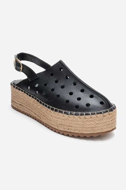 Fraga - Sandalia de cuña de cuero negro (mujer)