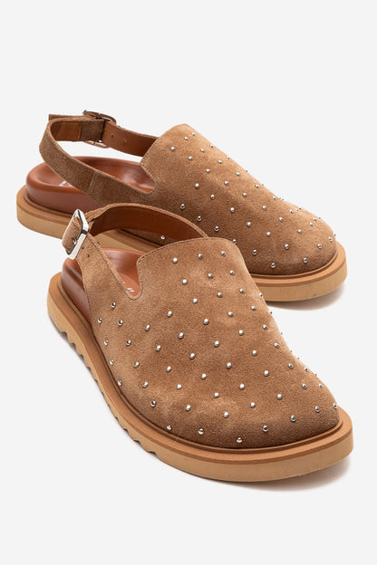 OUR - Cognac Genuine Leather Suede Studded Closed-Toe Sandal (Women)